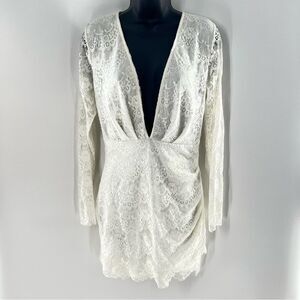 AKIRA Chicago Red Label White Lace Mini Dress with Plunge Neckline-Size M